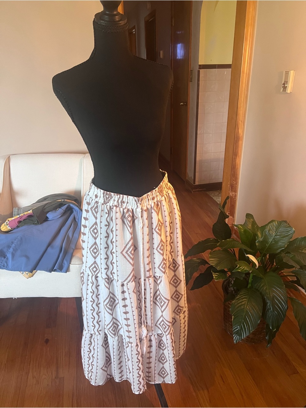 Ana & Rosé Boho Cream and Brown Tiered Maxi Skirt